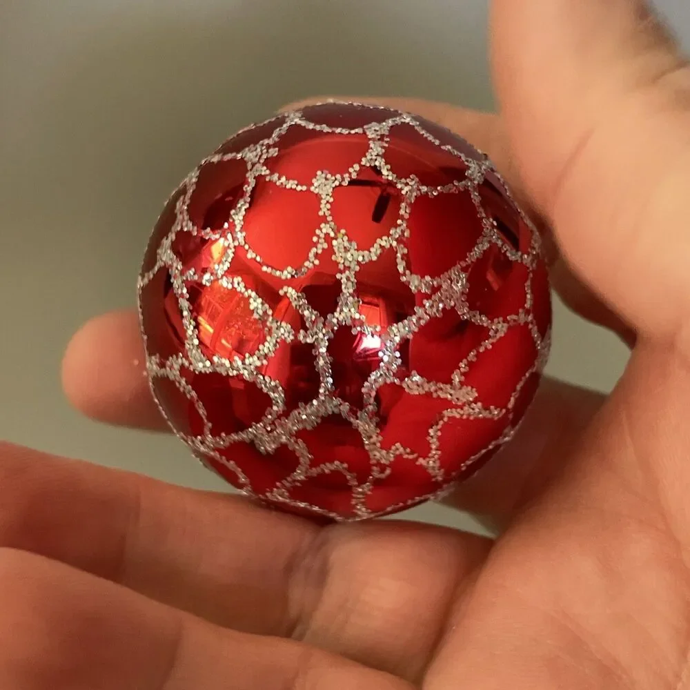 Vintage Hand Painted Blown Glass Red Ball Scalloped Glitter Christmas Ornament